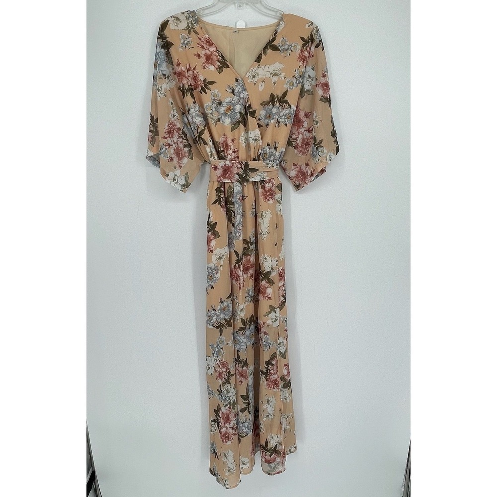 NWOT Women's Tan Floral Kimono Sleeve Faux Wrap Maxi Dress Size XL